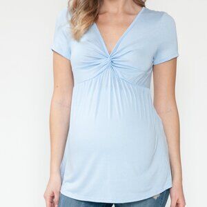 Maternity Crystal Baby Blue Front Twist Pastel Spring Top